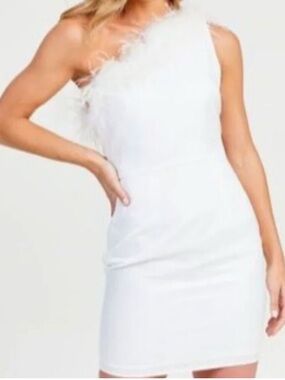 Altar’d State One-Shoulder White Feather Trim Dress